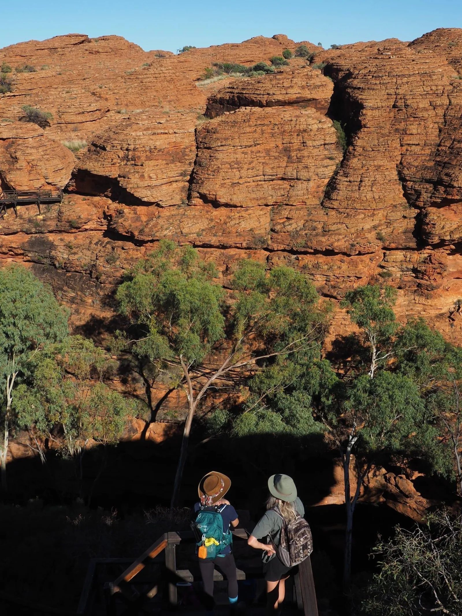 Two hikers at a wooden lookout facing banded beehive-shaped sandstone domes at Kings Canyon