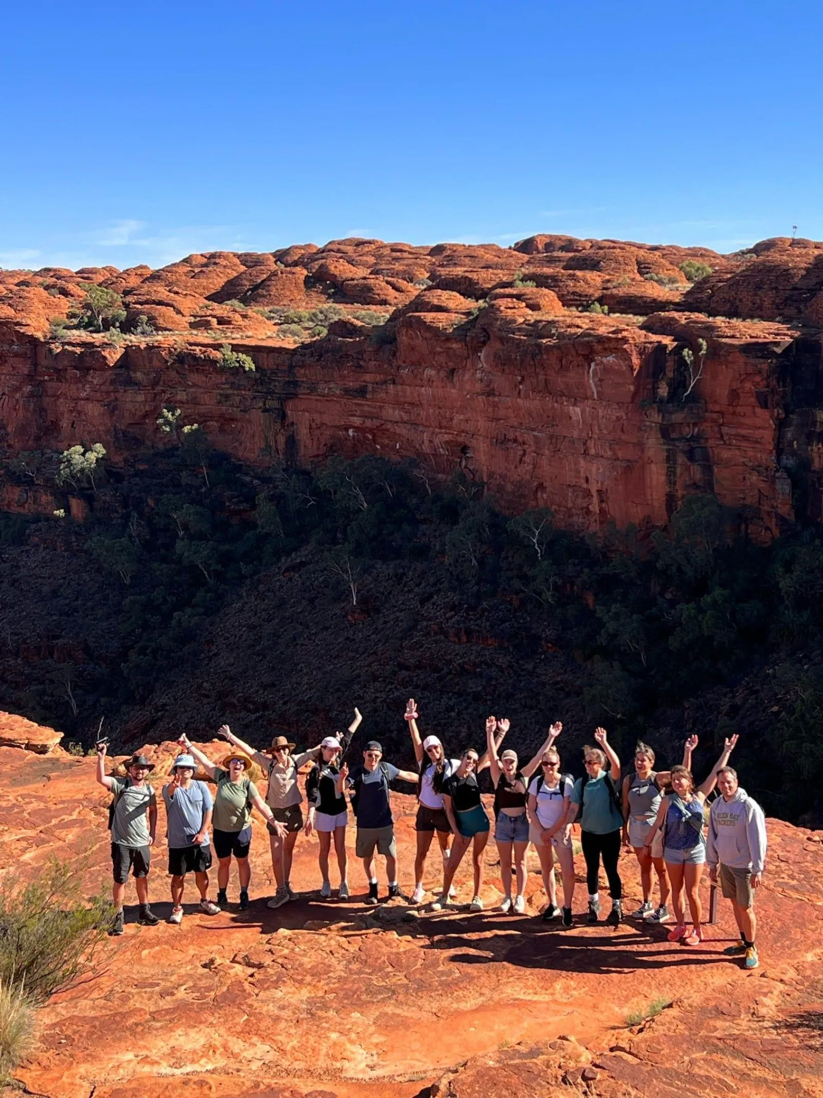 Hiking group waving on the Kings Canyon rim above a shaded gorge and rounded sandstone domes